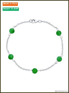 Green Jade Freshwater Pearl Link Bracelet .925 Sterling Silver 7 Inch